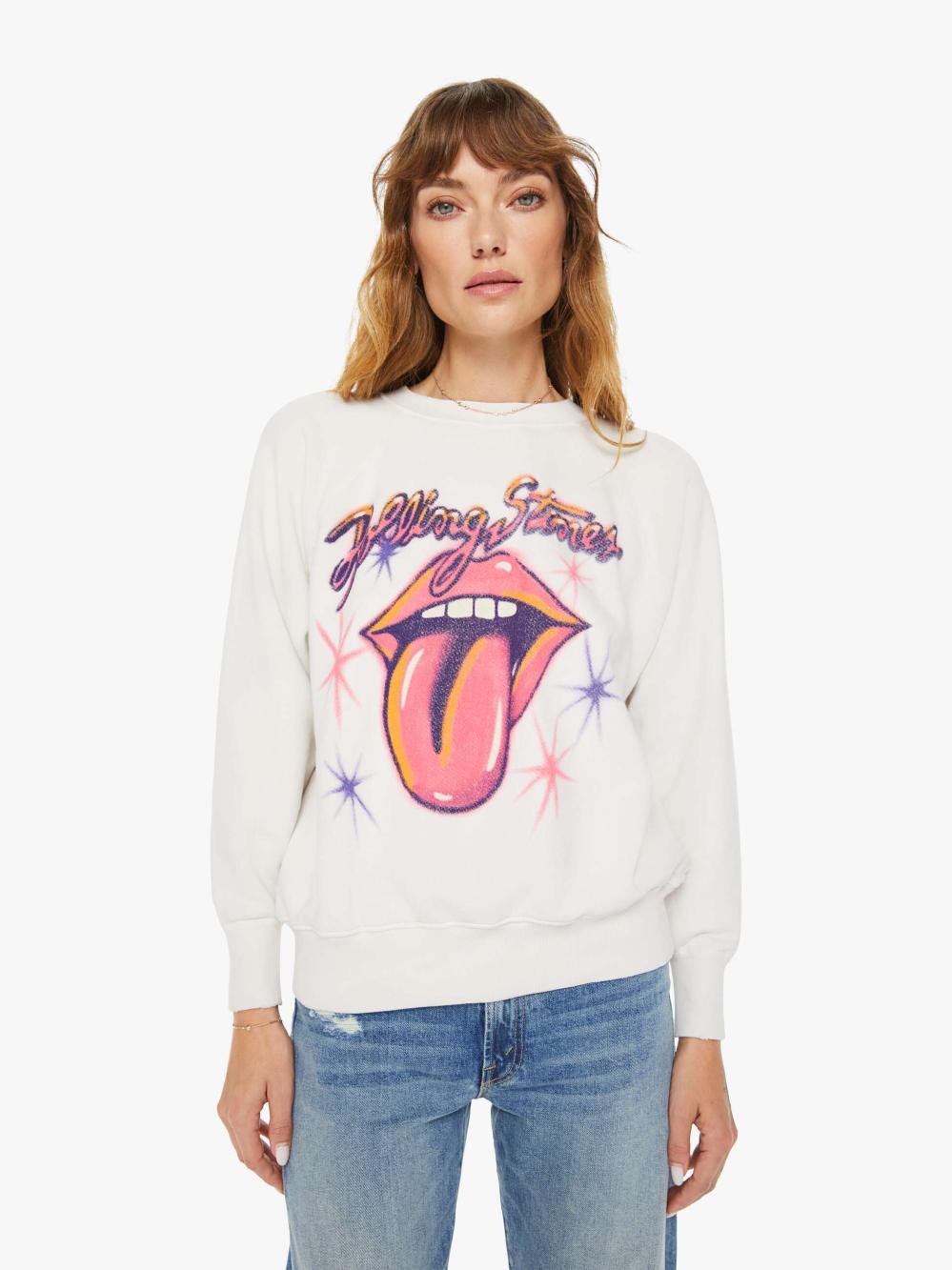 Women Sweatshirts | Mother Denim MadeWorn Rolling Stones Airbrush Shrunken Sweatshirt - Vintage White