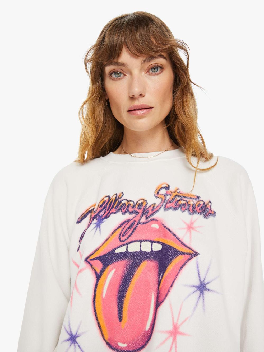 Women Sweatshirts | Mother Denim MadeWorn Rolling Stones Airbrush Shrunken Sweatshirt - Vintage White